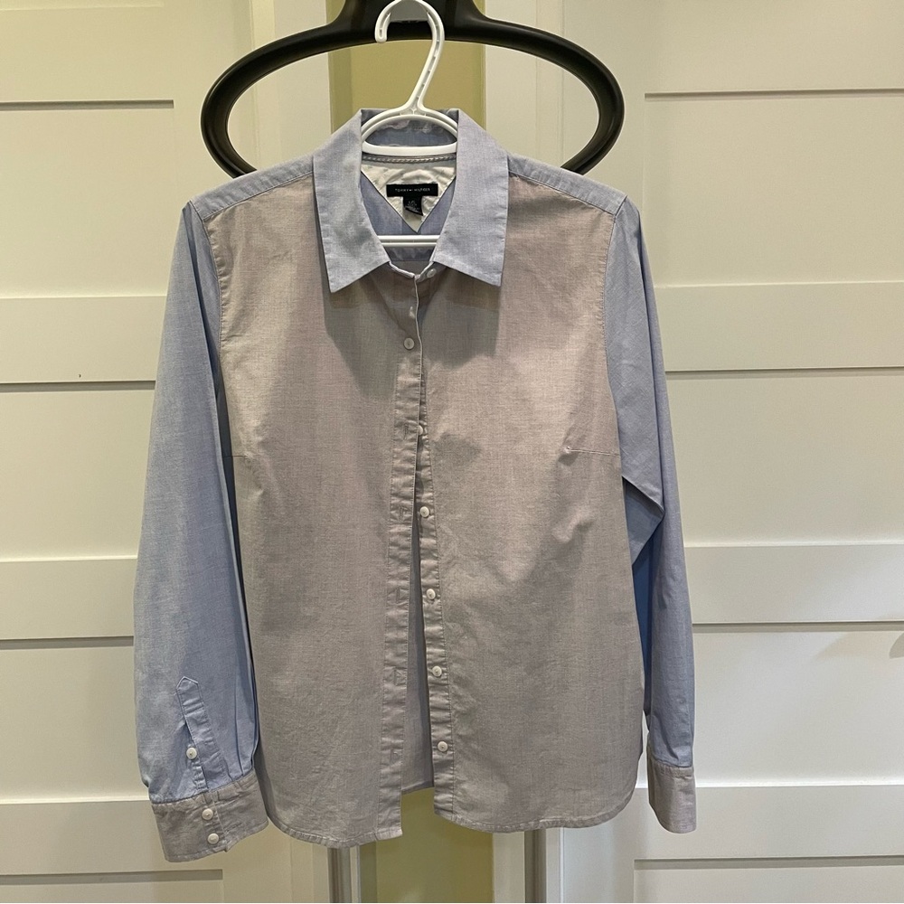 Ladies Blue and Gray Button-Up Shirt